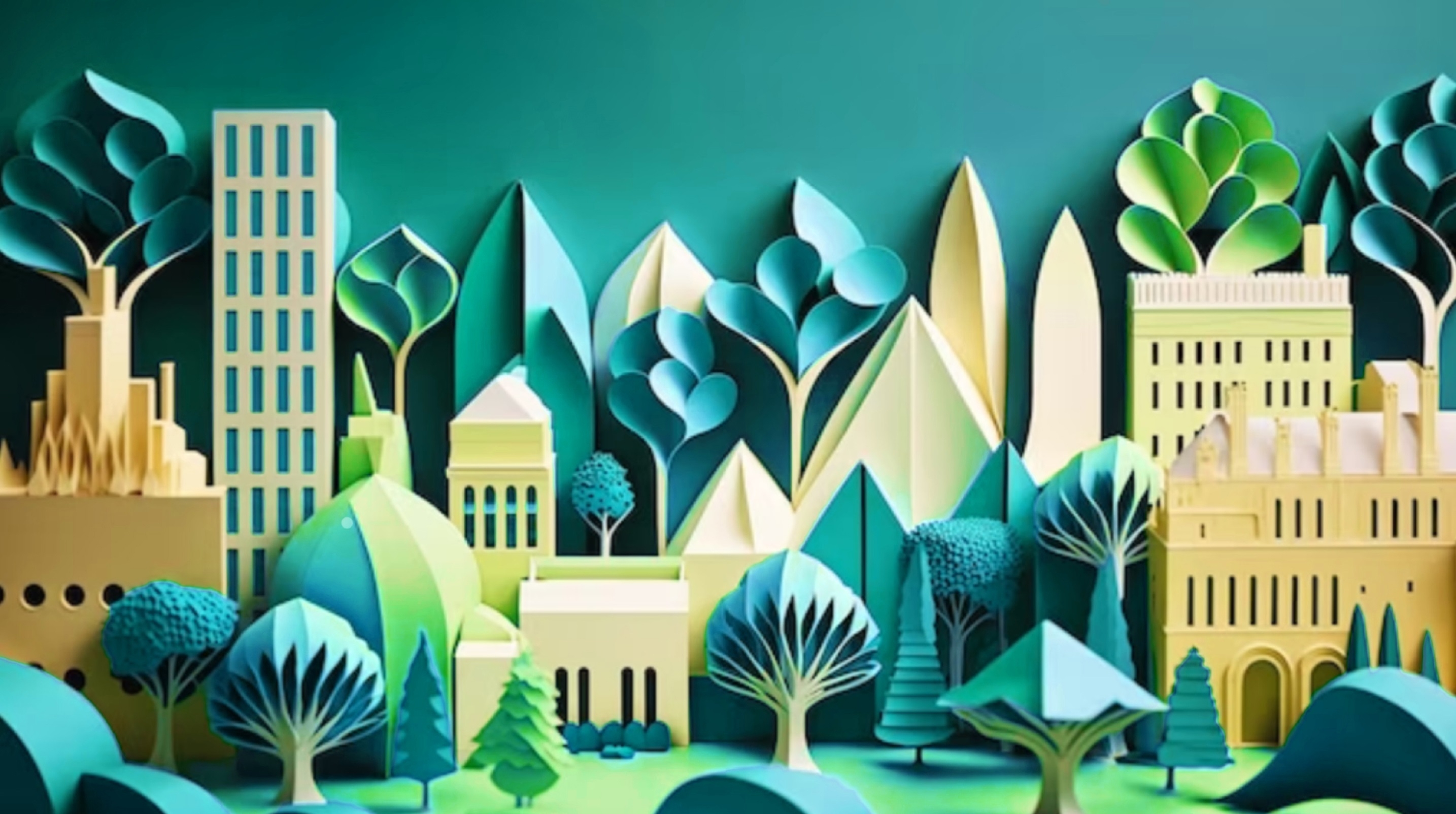 Hero background image, houses and trees in the imaginery style